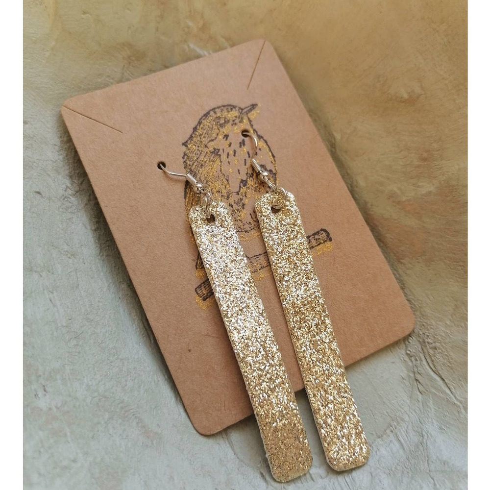 Faux Leather Bling Glittery Gold Long Dangle Earrings